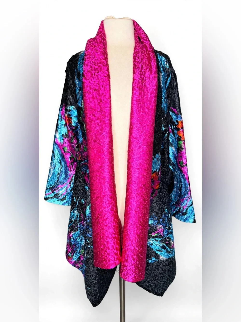 Crinkle Art Wear Jacket L Black Pink Blue Floral Oversized Collar